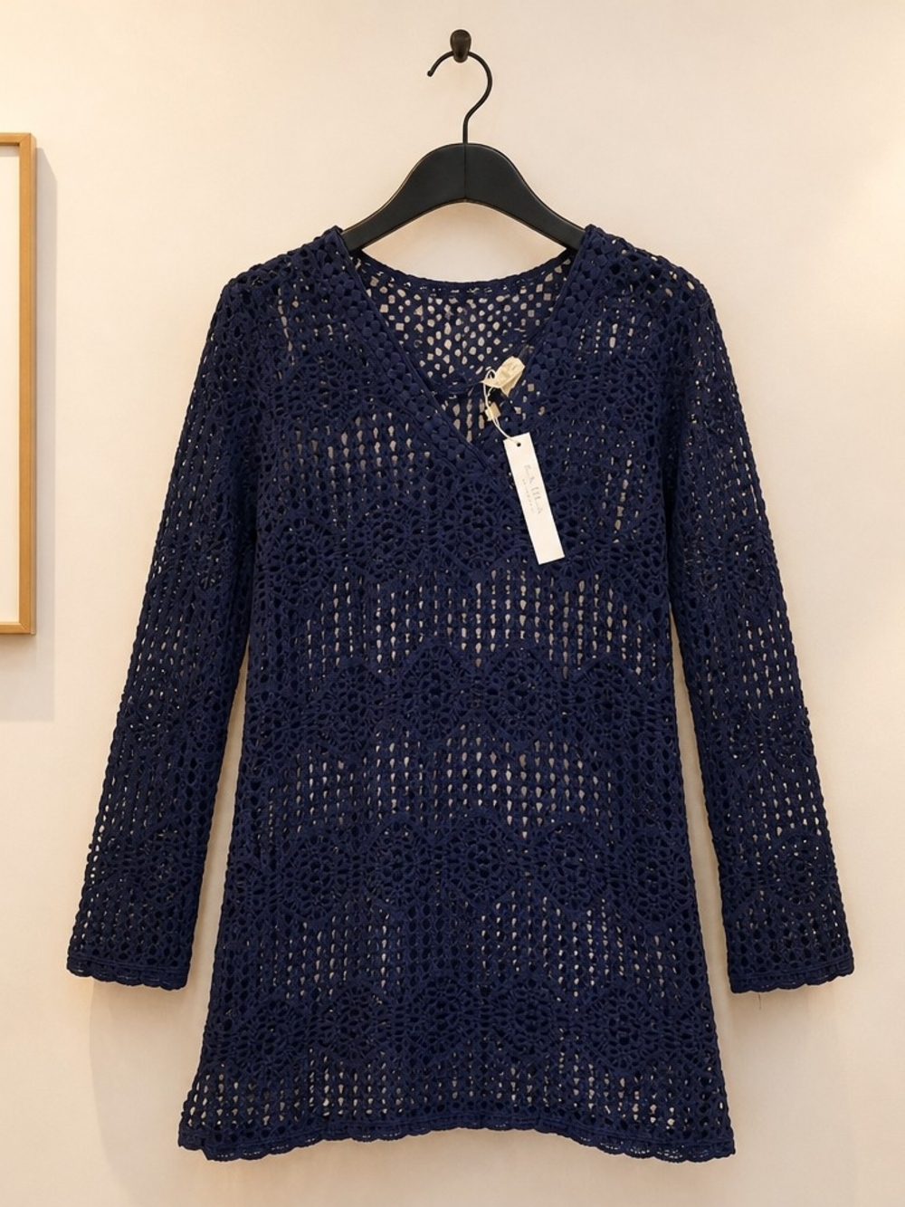 NWT La Blanca Crochet Swim Cover Up Navy Blue XL 100% Cotton